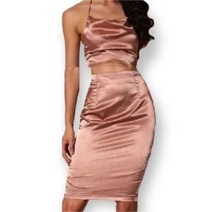 MESHKI ROSE GOLD SATIN COORDINATE NEW WITH TAGS SKIRT & 2 TOPS WOMEN'S S…